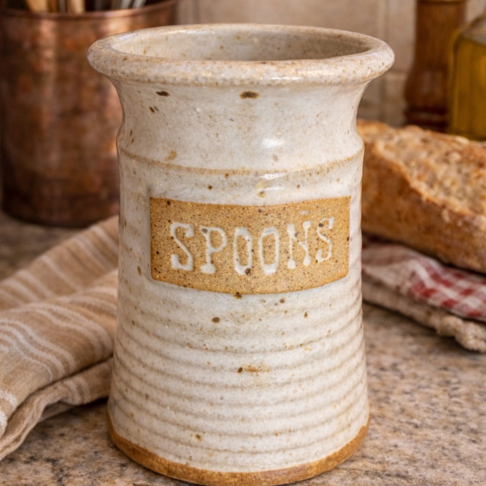 Seagrove, NC COLE pottery “spoons” stoneware crock | rustic farmhouse kitchen 🥄